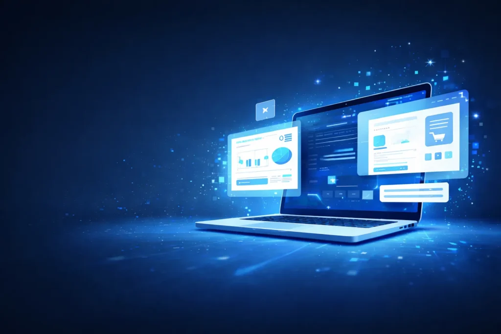Ordinateur portable affichant des interfaces web modernes pour la création de site internet et stratégie digitale par Verseau Digital