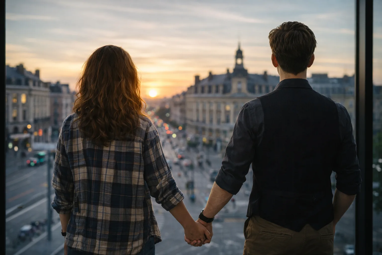 Couple d'entrepreneurs regardant la ville depuis leur bureau, symbole de l'aventure Verseau Digital