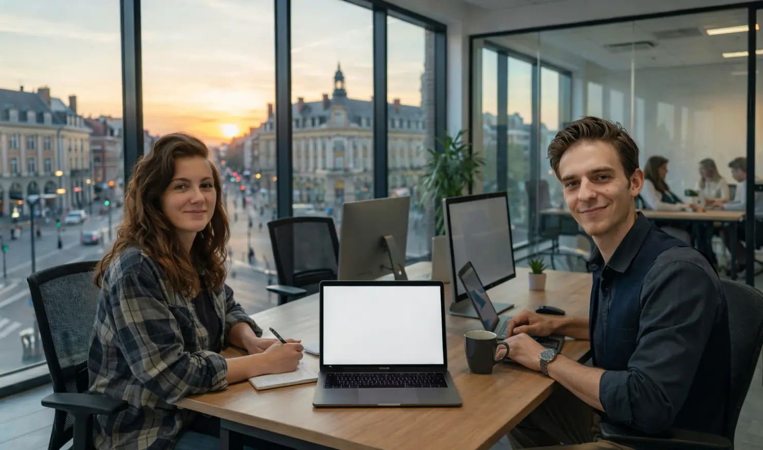 Professionnels en train de travailler dans un bureau avec vue sur Arras